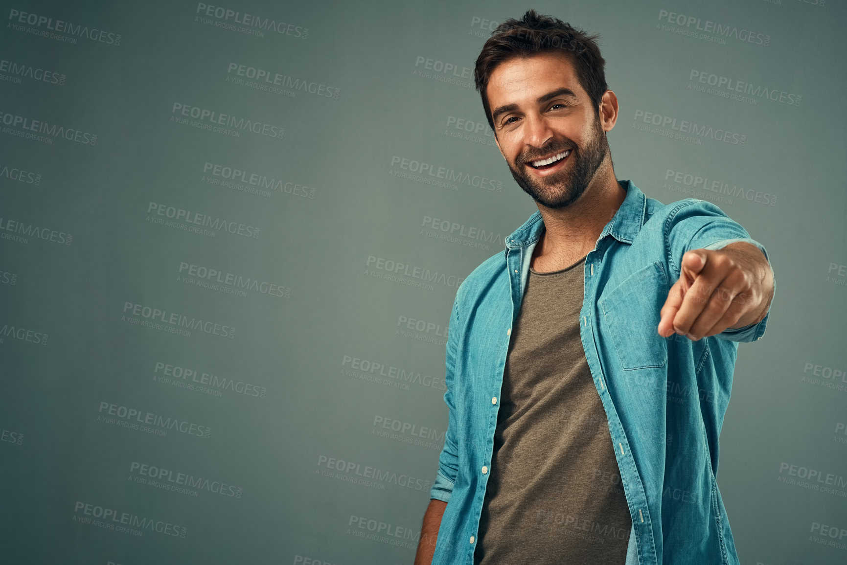 Buy stock photo Pointing, mockup or portrait of happy man in studio for choosing accountability, motivation or decision. Space, smile or male model with hey you hand gesture isolated on background for option offer 