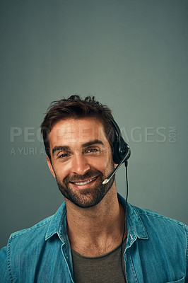 Buy stock photo Happy man, call center and consultant with headphones on mockup space against grey studio background. Portrait of friendly male consulting agent with smile and headset in contact us for online advice