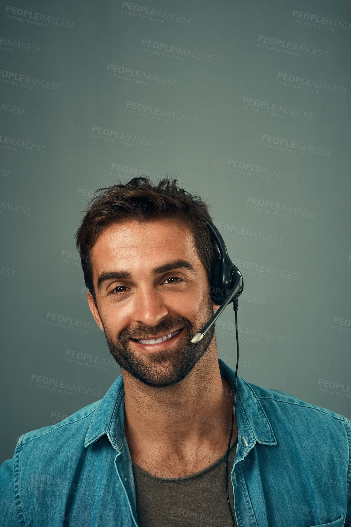 Buy stock photo Happy man, call center and consultant with headphones on mockup space against grey studio background. Portrait of friendly male consulting agent with smile and headset in contact us for online advice