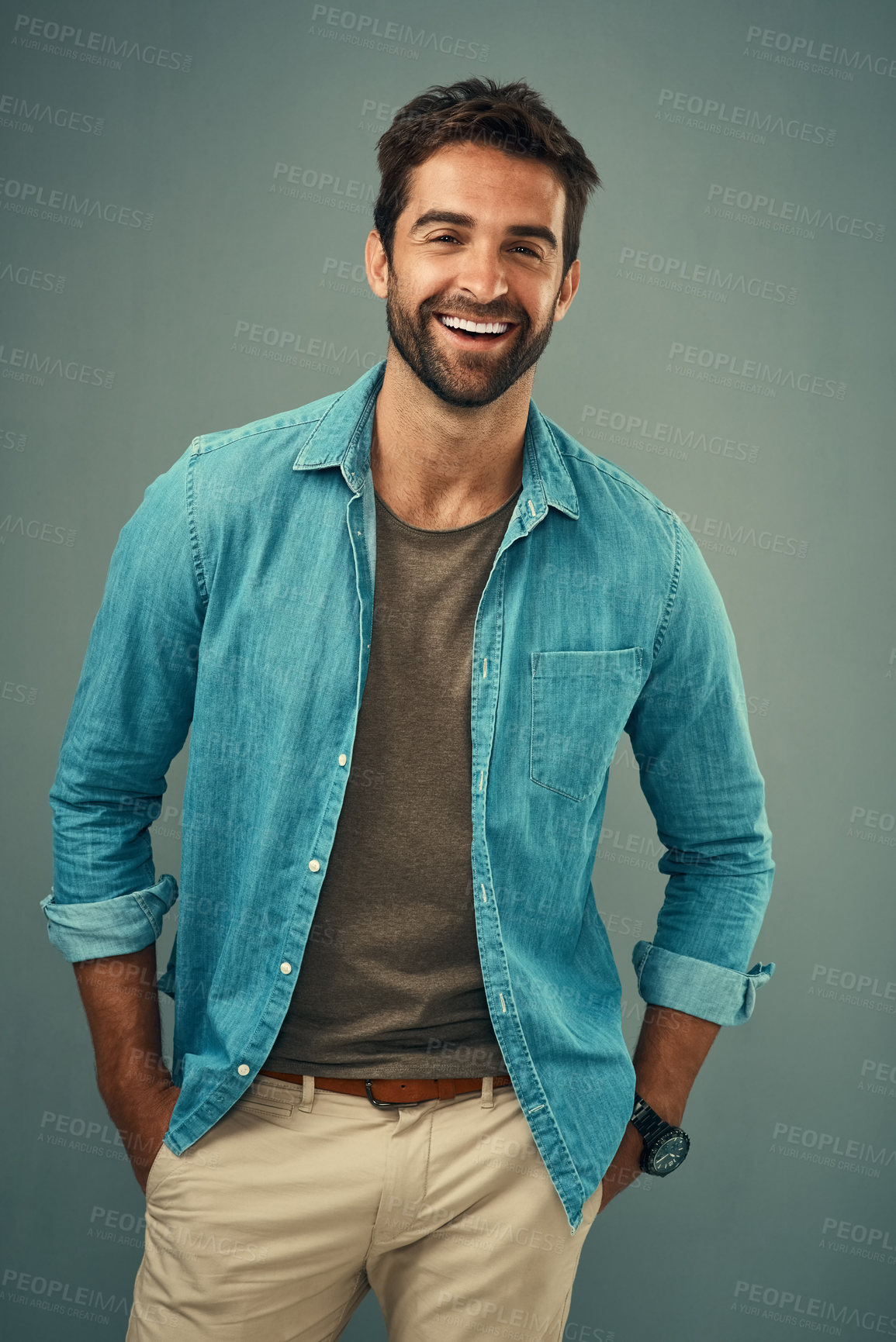 Buy stock photo Casual, fashion and smile with portrait of man in studio on gray background for relaxed clothing style. Confident, denim and happy with natural person in clothes outfit to model jacket or wardrobe