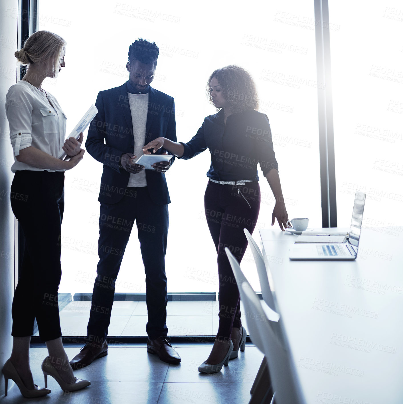 Buy stock photo Business people, tablet and discussion in office for collaboration, brainstorming and project feedback. Team, employees and communication in workplace for diversity, proposal and company development