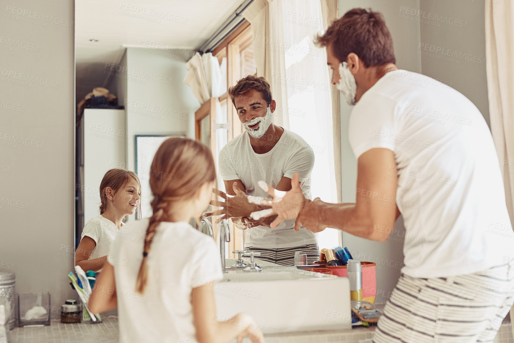 Buy stock photo Happy, child and man with shaving by mirror for cleaning, hygiene or morning routine in bathroom. Playful, family and dad with girl at home for funny skincare, development and bonding on fathers day