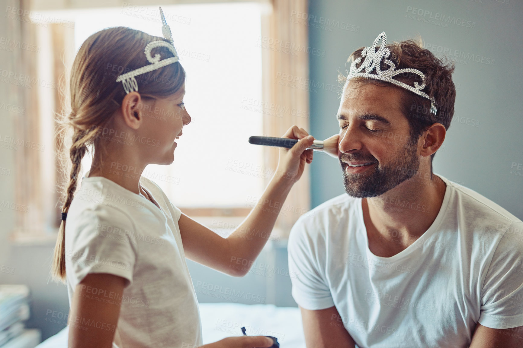 Buy stock photo Crown, makeup and girl with father in home for dress up with tea party for bonding together. Happy, cosmetic and child having fun with dad for fantasy costume with princess tiara in family house.