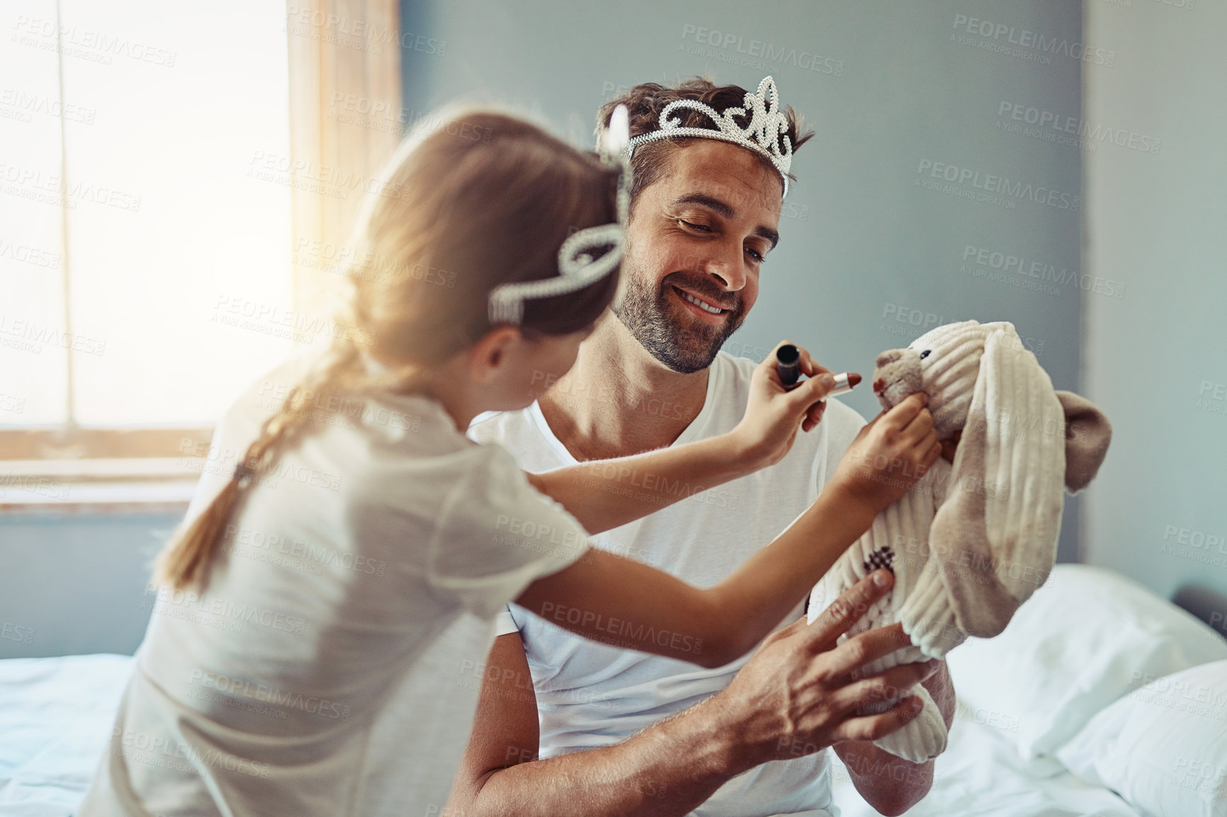 Buy stock photo Playing, tiara and dad with kid with makeup for bonding, happy relationship and parenting in bedroom. Family, home and father with girl with toys for princess costume, pretend and games on weekend