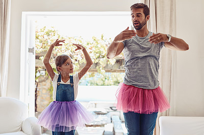 Buy stock photo Father with daughter, ballet dancing and teaching with learning at home in tutu, bond with love and creativity. Family, man and girl dance in living room, ballerina lesson and spending time together
