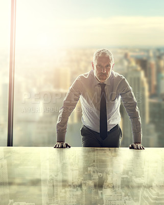 Buy stock photo Cropped portrait of a mature businessman standing in his office against a cityscape