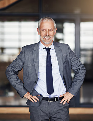 Buy stock photo Cropped portrait of a mature businessman standing with his hands on his hips