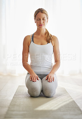Buy stock photo Calm woman, yoga and meditation for exercise, zen or spiritual wellness and mental health at home. Relax female person or yogi in peaceful meditating, workout or healthy mindset for awareness on mat