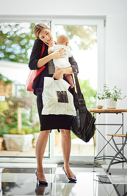Buy stock photo Busy, talking and a mother on a phone call with a baby, communication and groceries. Family, multitask and a mom holding a child while speaking on mobile and walking into a house after work together