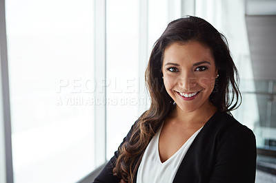 Buy stock photo Portrait of a smiling businesswoman posing in an airport terminal