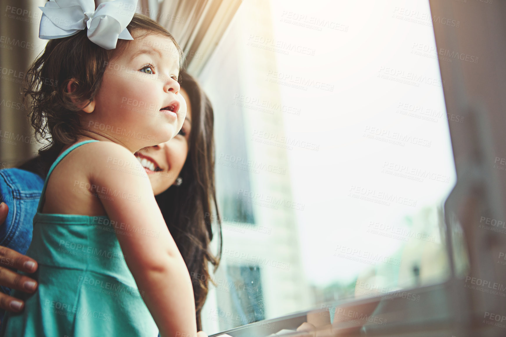 Buy stock photo Mother, baby and glass in house with window, love and bonding with family in apartment together with girl toddler. Childhood development, growth and curious or caring, woman and parenthood in home