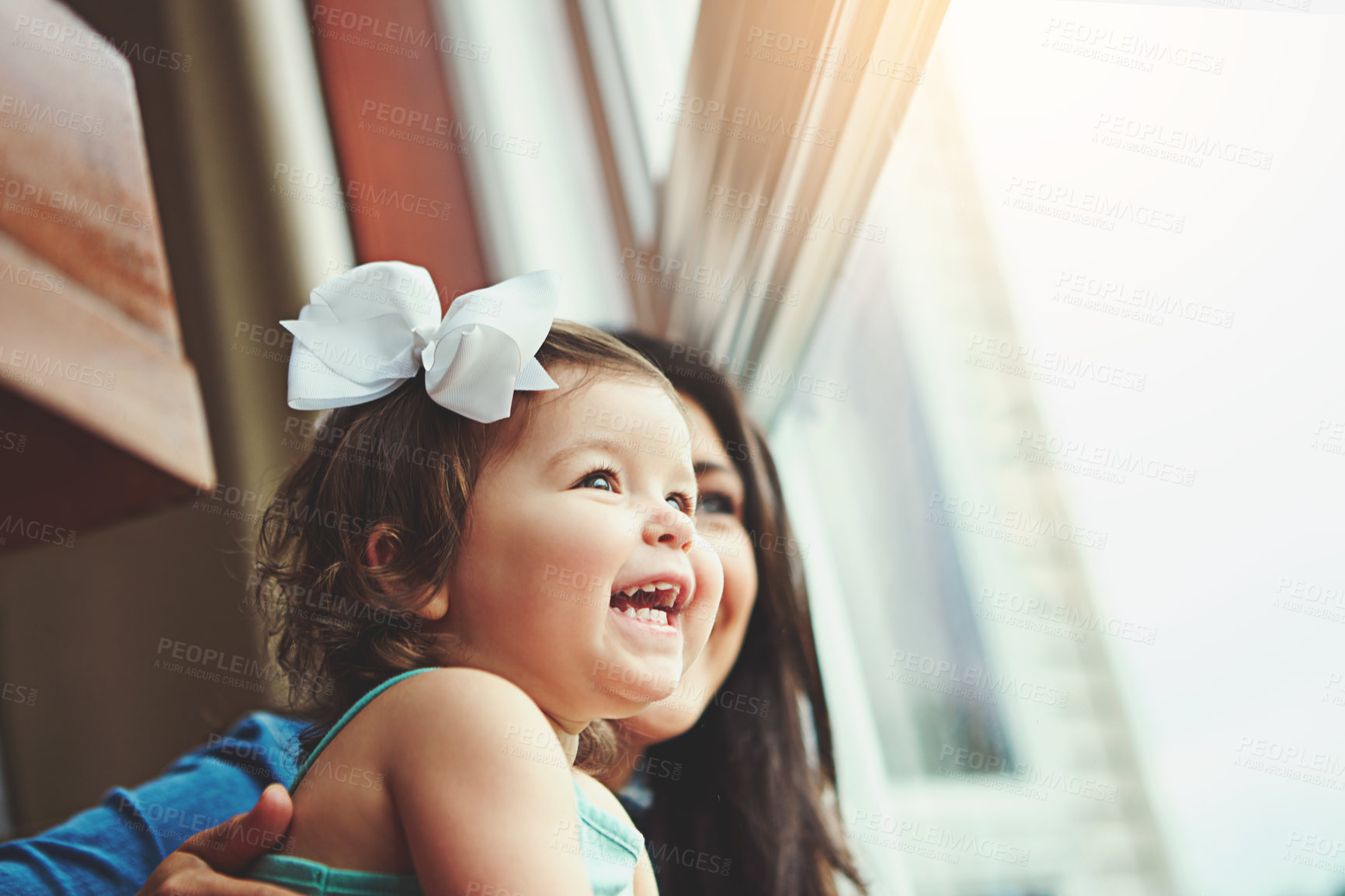 Buy stock photo Woman, toddler and glass in apartment with window, love and family bonding in home together with girl baby. Childhood development, growth and curious or caring, mother and parenthood in house view