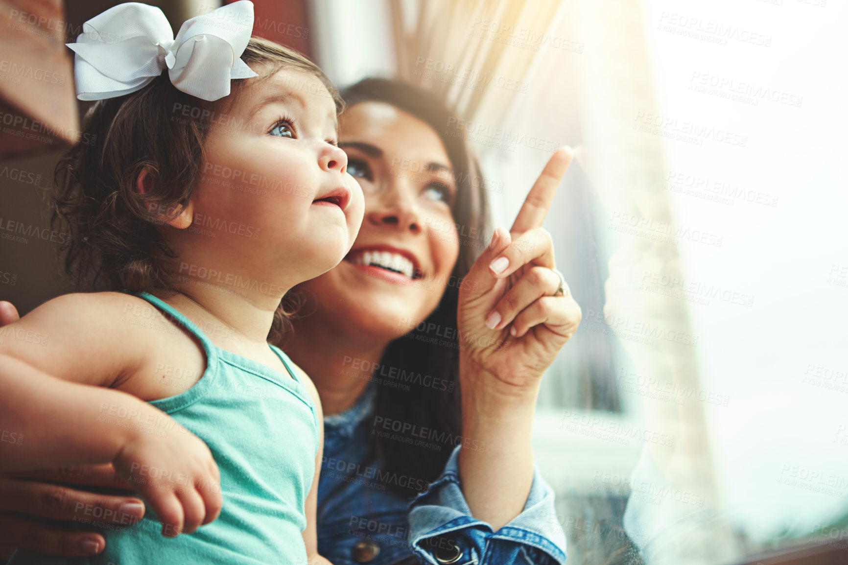 Buy stock photo Mother, toddler and happy or home window, love and bonding with family in apartment together with girl baby. Childhood development, growth and smile or caring, woman and hand pointing in house