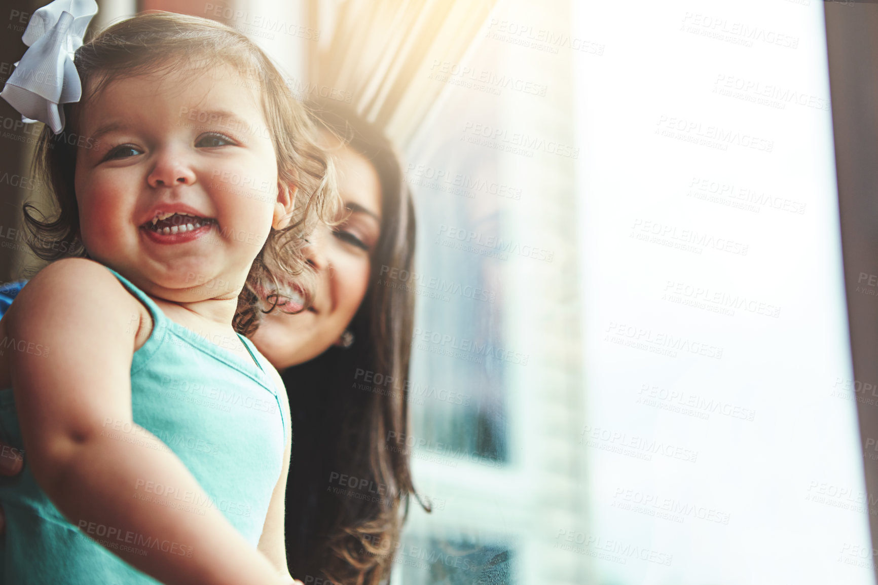 Buy stock photo Mother, toddler and happiness or house window, love and bonding with family in apartment together with girl baby. Childhood development, growth and smile or caring, woman and hand pointing in home