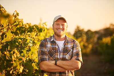 Buy stock photo Portrait of a happy farmer posing with his arms crossed in a vineyard