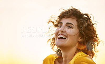 Buy stock photo Laughing, retro and trendy young woman with vibrant, smiling and cheerful expression on her face outdoors looking carefree and cool in summer. Beautiful girl in bright, cool fashion style for spring