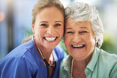 Buy stock photo Portrait of a smiling nurse with her senior patient in a hospital