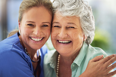 Buy stock photo Portrait of a smiling nurse with her senior patient in a hospital