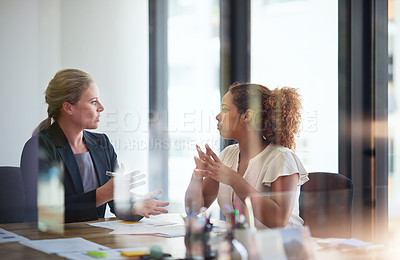 Buy stock photo Woman, client and financial advisor in meeting for consulting, discussion and talking for investment. Glass, explaining and accountant in office speaking of taxes, advice and feedback with contract