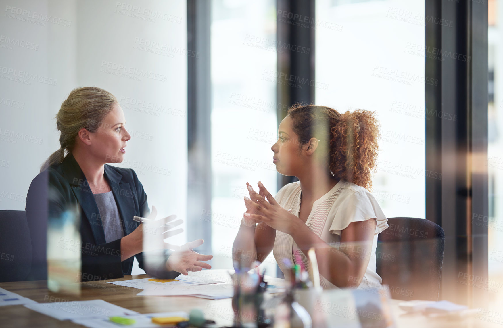 Buy stock photo Woman, client and financial advisor in meeting for consulting, discussion and talking for investment. Glass, explaining and accountant in office speaking of taxes, advice and feedback with contract