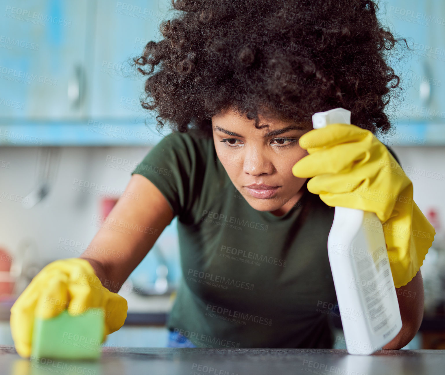 Buy stock photo House, spray and woman with cleaning on table for housekeeping, maintenance and sanitation in kitchen. Person, bottle and detergent with gloves at home for bacteria, hygiene and removal of dirt