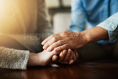 Buy stock photo Holding hands, senior couple and life insurance support with kindness in a house. Home, love and elderly people with empathy, hope and trust with solidarity for grief care and marriage together