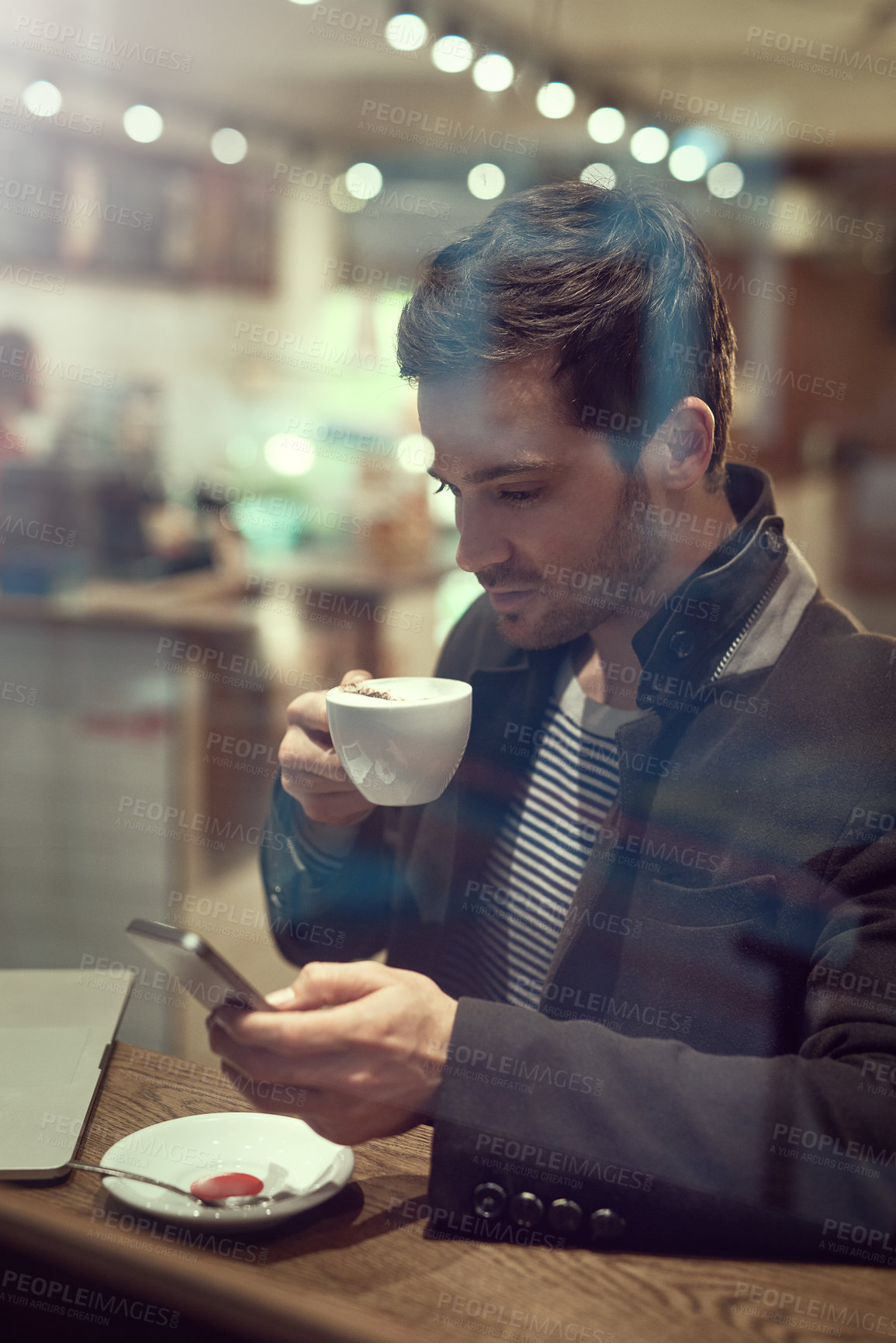 Buy stock photo Business, man and coffee shop with smartphone for communication and networking on break. Male person, entrepreneur and browse internet or website for stock exchange, economic news and market share