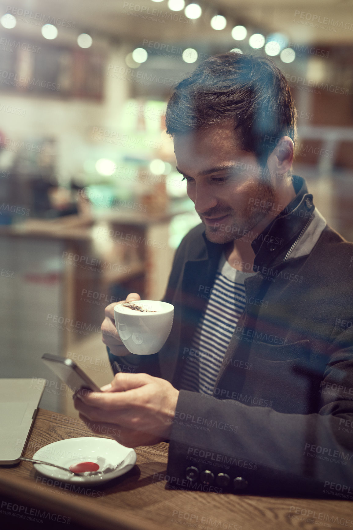 Buy stock photo Business, man and smile in coffee shop with smartphone for communication and networking on break. Male person, entrepreneur and browse internet or website for stock exchange, economic news and shares