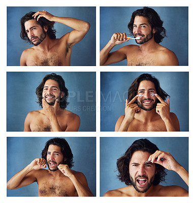Buy stock photo Composite shot of a handsome young man grooming himself against a blue background