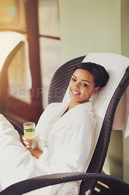 Buy stock photo Female person, portrait and spa with smile, drink and wellness in calm, relaxation and vacation in Bali. Woman, outdoor and health for body care with happiness in zen, peace and healing for holiday