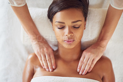 Buy stock photo Woman, spa and neck massage for relax, masseuse hands and pressure for muscle tension. Resting, stress relief and calm for cosmetic and wellness, physical therapy and body or luxury treatment