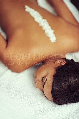 Buy stock photo Spa, exfoliate and relax for woman, massage and peace with sleeping, luxury and calm in bed of resort. Wellness, comfort and relief for client, hotel and natural with treatment, pamper and rest