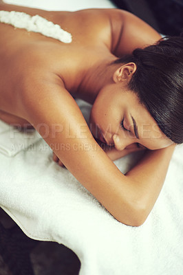 Buy stock photo Spa, exfoliate and massage for woman, sleeping and relax with peace, luxury and calm in bed of resort. Wellness, comfort and relief for client, hotel and natural with treatment, pamper and rest