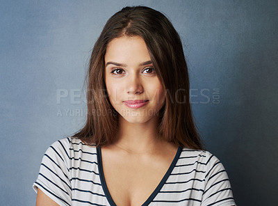 Buy stock photo Happy, beauty and portrait of woman on gray background with cheerful, joy and positive attitude. Attractive, cosmetics and face of isolated person smile with confidence, pride or expression in studio