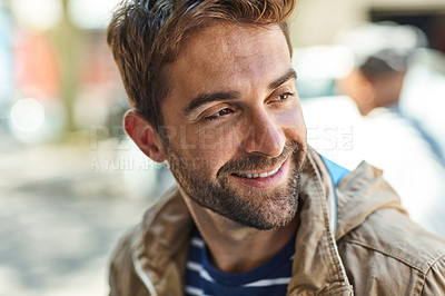 Buy stock photo Shot of a laid-back tourist relaxing at a sidewalk cafe