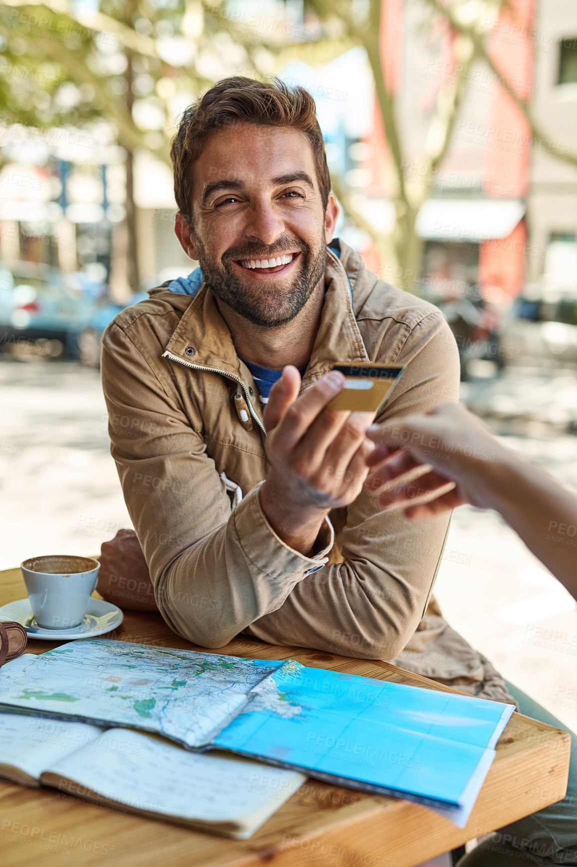 Buy stock photo Man, tourist and pay with credit card and map outdoor on vacation for destination, navigation and trip for adventure. Male person, happy and purchase for coffee, holiday and payment for tourism.
