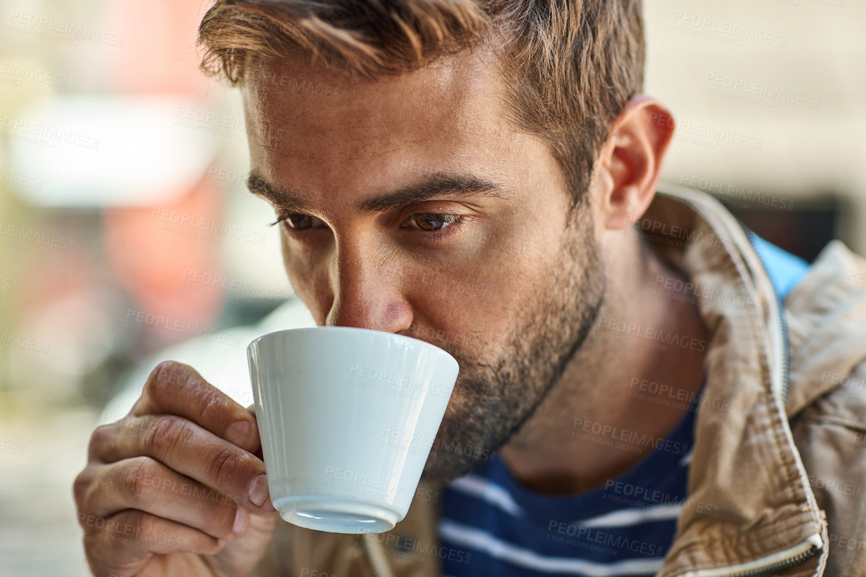 Buy stock photo Cafe, man or customer with coffee for drinking, energy boost and health benefits with hot beverage. Male person, caffeine and espresso cup in restaurant for hospitality, experience and tea for taste