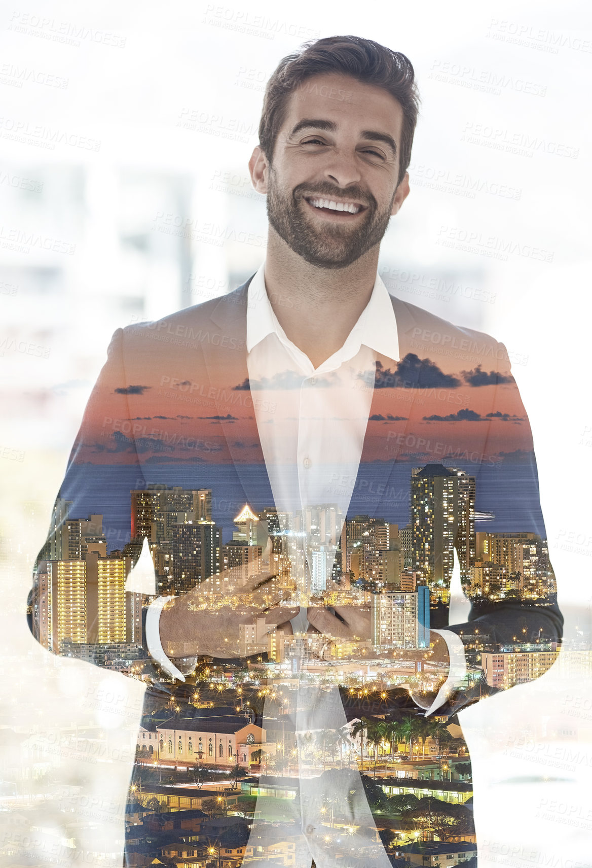 Buy stock photo City, double exposure and portrait of businessman with smile for corporate, career and ambition. Happy, broker and face with confidence in trading for investing job, finance and pride in New York