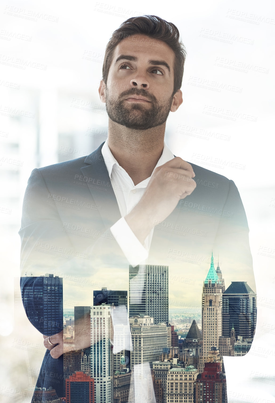 Buy stock photo City, business and man with overlay, thinking and solution with corporate professional, choice and idea. Decision, double exposure or real estate agent with career ambition, wonder or problem solving