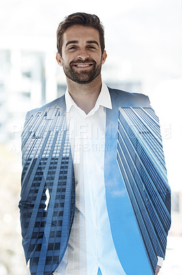 Buy stock photo Happy, double exposure and portrait of businessman with city for corporate, ambition and career. Broker, smile and face with confidence in trading for investing job, finance and pride in New York