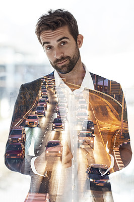 Buy stock photo Cropped portrait of a handsome young businessman superimposed on a cityscape