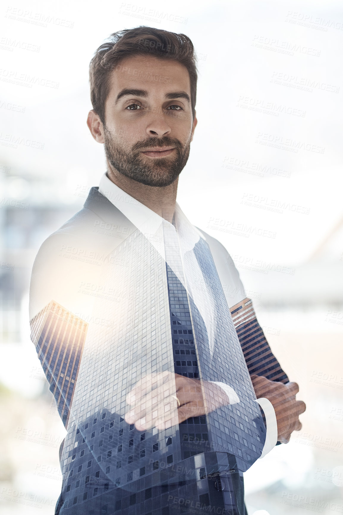 Buy stock photo City, double exposure and portrait of businessman with arms crossed for corporate, career and ambition. Smile, attorney and face with confidence in trading for legal job, pride or justice in New York