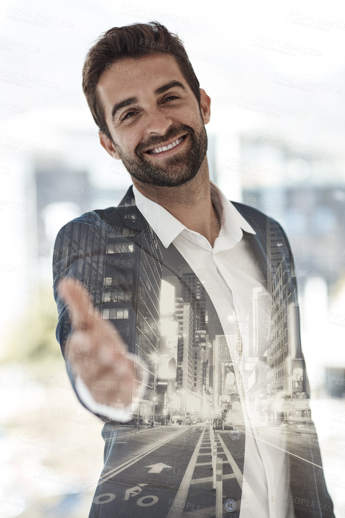 Buy stock photo Cropped portrait of a handsome young businessman superimposed on a cityscape