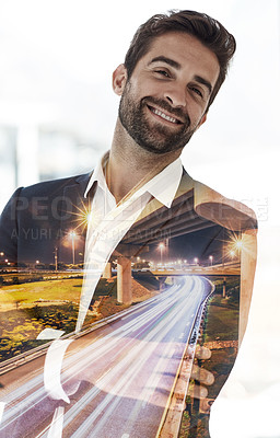 Buy stock photo Arms crossed, double exposure and portrait of businessman with smile for corporate, job and ambition. City, urban planner and face with confidence for infrastructure, development and pride in Denmark