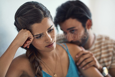 Buy stock photo Unhappy, upset or sadness with a couple fighting on a sofa in their home living room about an affair or breakup. Depression, abuse or conflict with a sad woman thinking of divorce while arguing