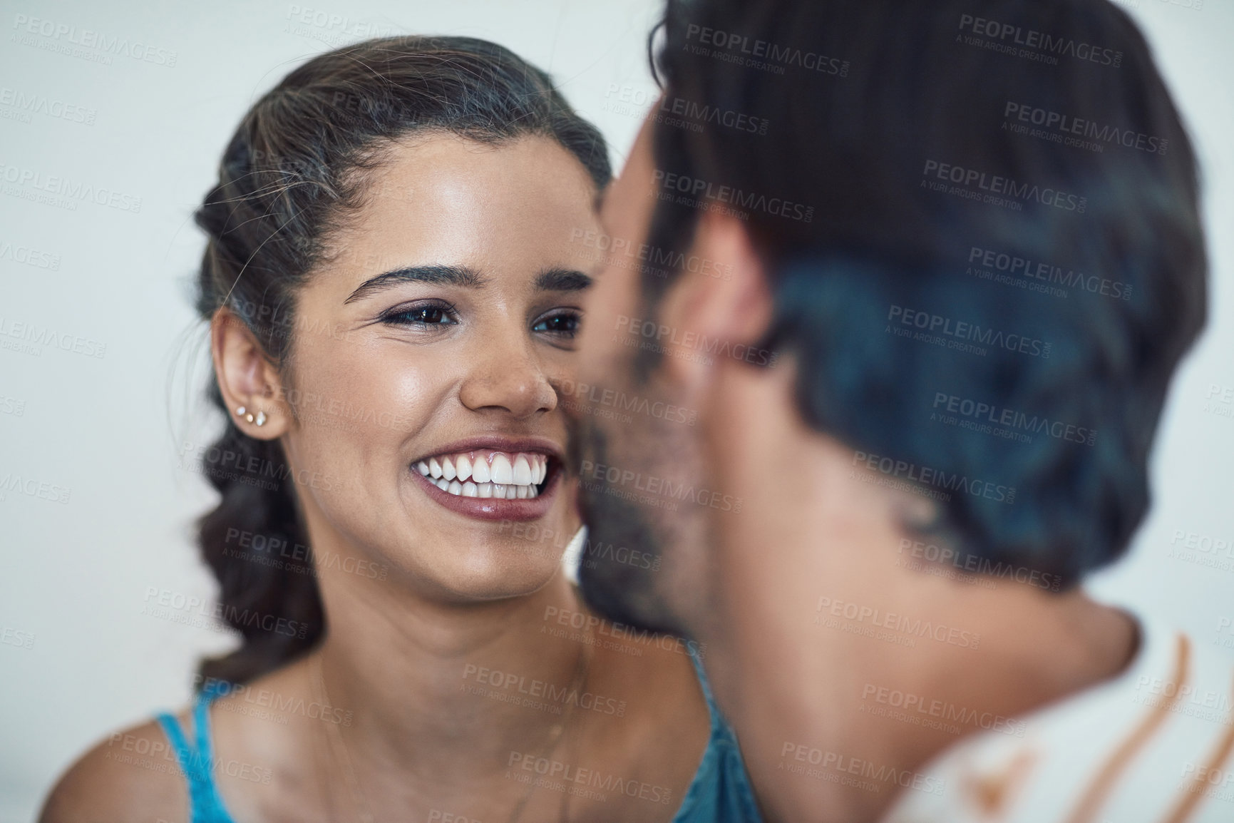 Buy stock photo Love, laughing or happy couple in home to relax, smile or enjoy anniversary together for peace. House, romantic woman or man in apartment for trust or bonding with care, support or special moment