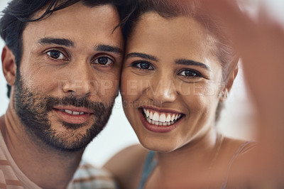 Buy stock photo Couple smile, love and portrait selfie for memory, digital photo album and blog update in home. Happy man, woman and profile picture together for social media, anniversary post and care for bonding