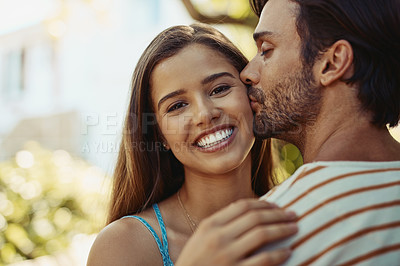 Buy stock photo Portrait, romance or happy couple kiss in nature to date, smile or enjoy anniversary together for love. Outdoor, holiday or people in park for trust or bonding with care, support or special moment