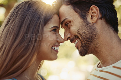 Buy stock photo Happy, couple and forehead touch in outdoor with love, affection and soul connection with joy for commitment. Man, woman and together in garden on vacation for anniversary, bonding and relationship.