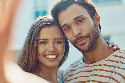 Buy stock photo Couple, city and selfie with portrait, smile and face for adventure, bonding and love together. Young man, woman and romance with relaxing holiday for care, happiness and outdoor weekend break